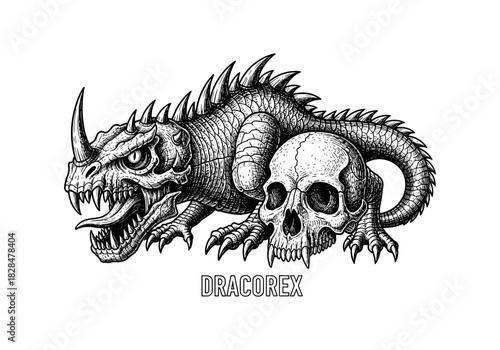 Detailed black and white monster with skull design in vintage style