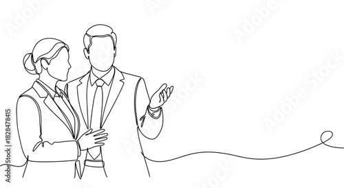 A continuous single line drawing of professional business partners, a man and a woman in suits, actively discussing a new project strategy