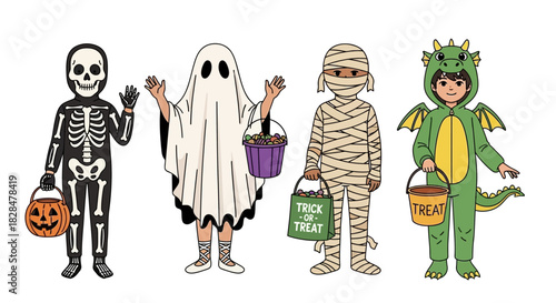 A charming collection of kids in Halloween costumes, featuring a skeleton, ghost, mummy, and dragon ready to trick-or-treat