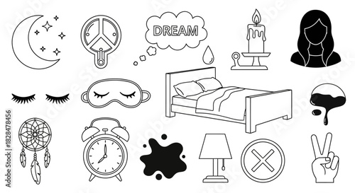A diverse collection of black and white line art icons for sleep, dreams, and nighttime themes, including a bed, moon, and peace symbols