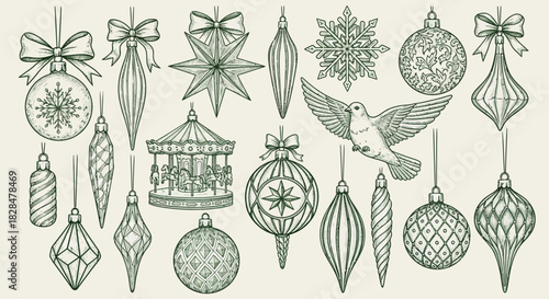 Elegant collection of hand-drawn vintage Christmas tree ornaments and festive symbols in a classic engraving illustration style
