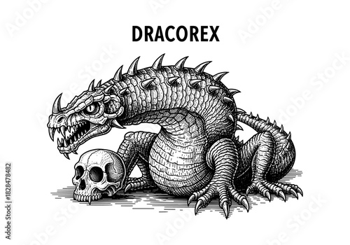 Detailed fantasy dragon with skull - black and white ink artwork