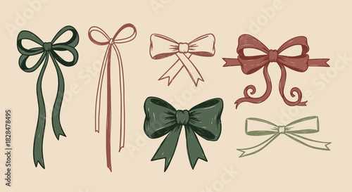 Vintage-style illustration set featuring various decorative ribbon bows for design projects. ZKLHVBHISUV (54)
