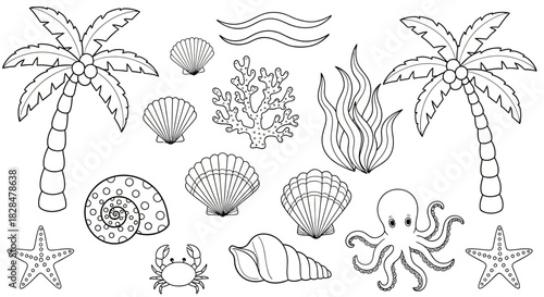 A diverse collection of outline style beach and sea life elements, including palm trees, shells, and marine animals for design