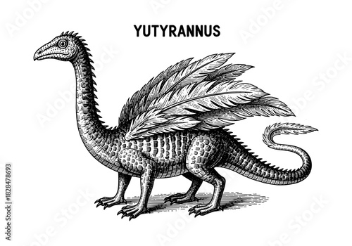 Yutyrannus with feathers in vintage engraved style