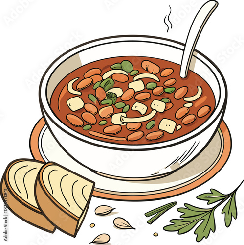 Bowl of hearty bean soup with bread