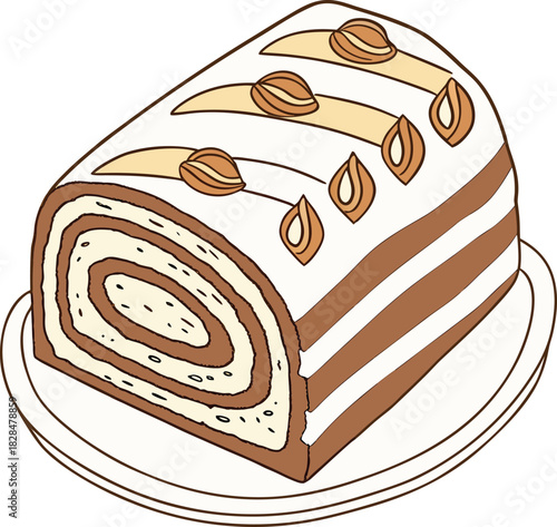 A slice of delicious swiss roll cake with nuts