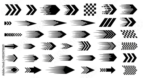 A diverse set of dynamic black arrows illustrating concepts of speed, forward motion, and direction. Graphic vector elements for various designs