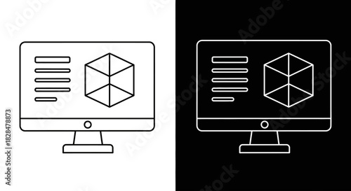 Line art icon of a computer monitor displaying a 3D modeling software interface with a wireframe cube and data visualization elements