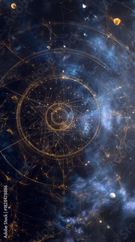 Celestial Schematic: An abstract artistic interpretation of the cosmos, where intricate golden lines weave across a backdrop of cosmic dust and celestial bodies.