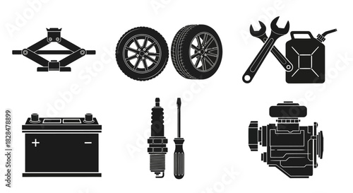 A comprehensive set of monochrome silhouette icons for car repair and automotive service, featuring an engine, battery, wheel, and maintenance tools