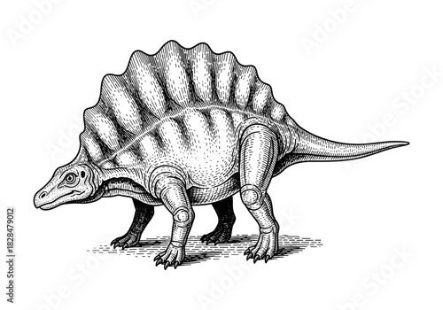Detailed dinosaur engraving: spinosaurus in vintage artistic style