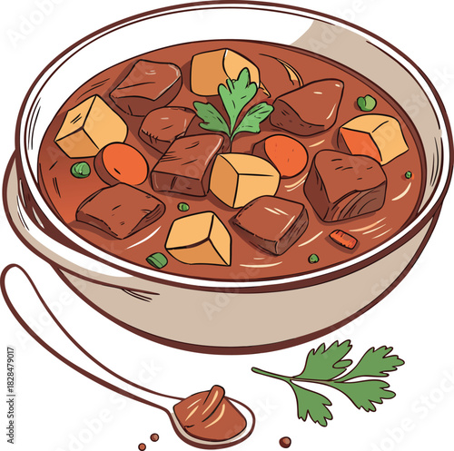 Bowl of hearty beef stew with potatoes, carrots, and parsley garnish