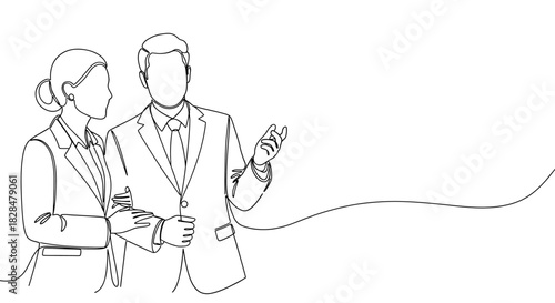 Minimalist single line drawing of business colleagues, a man and woman in professional suits discussing work ideas