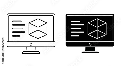 Vector icon set of a computer screen displaying a 3D wireframe cube for modeling and CAD projects