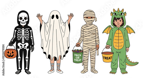 A charming vector collection of children in Halloween costumes including a skeleton, ghost, mummy, and dragon for trick-or-treating