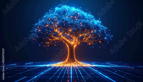 Digital Tree of Glowing Blue and Orange Lights on Grid Surface Against Dark Background