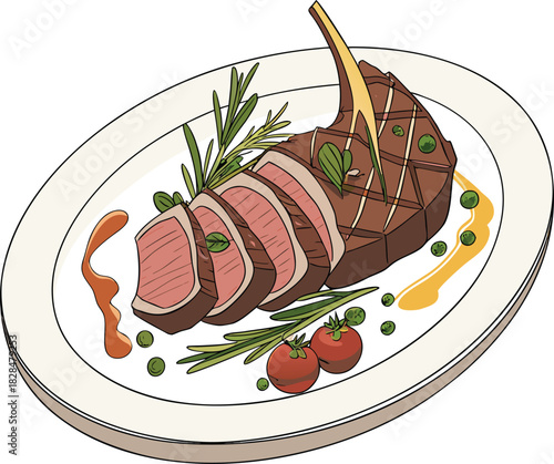 Grilled lamb chops with rosemary and tomatoes on a white plate isolated