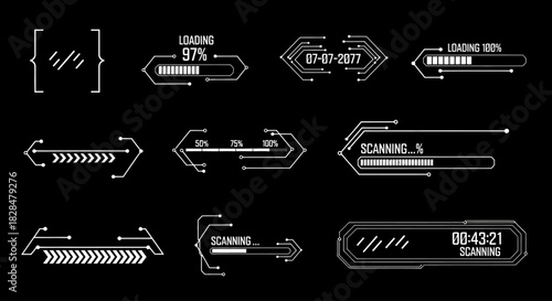 Vector set of digital heads-up display elements including futuristic loading and scanning progress bars