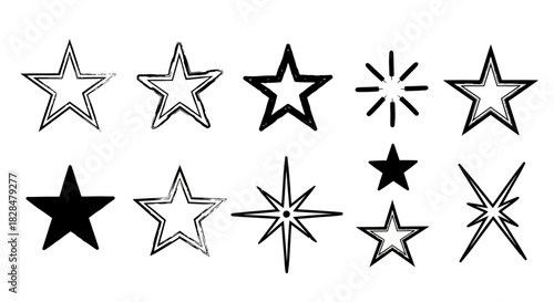 A collection of hand-drawn black star icons and symbols in various doodle and sketch styles isolated on a white background