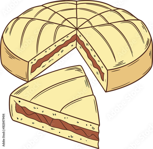 Delicious pie with chocolate filling and a slice cut out on