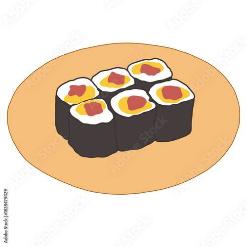 A simple and cute hand-drawn illustration of six Japanese maki sushi rolls