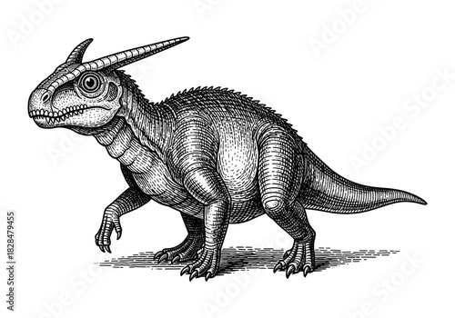 Detailed hand-drawn dinosaur sketch with horned features and scaly texture