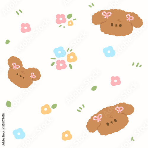 Cute cartoon seamless pattern with fluffy poodle dogs, flowers, and bows in pastel colors