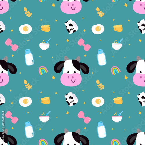 Cute cartoon seamless pattern with cow heads, milk, cheese, breakfast elements, and health symbols