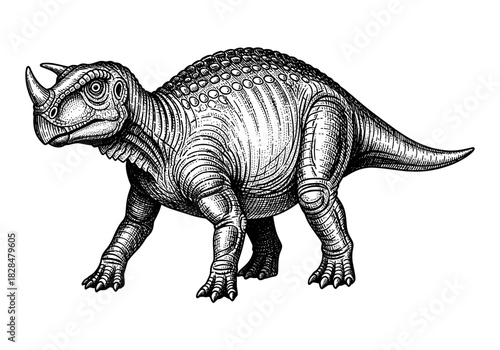 Detailed black and white engraving of a dinosaur with textured skin and horn