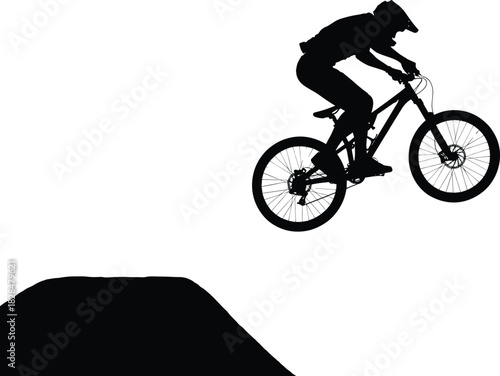 Mountain bike jump silhouette—black vector of airborne cyclist with helmet launching off ramp