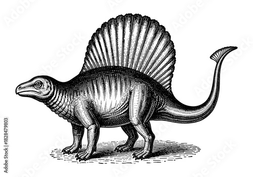 Engraved stylized dinosaur with fan-shaped sail in vintage black and white art style