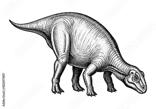 Detailed black and white dinosaur engraving