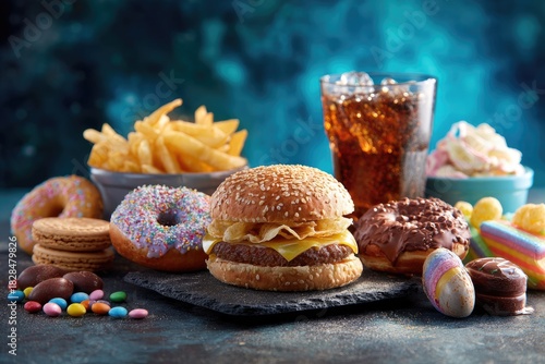 An inviting spread of diverse high-calorie, processed, and sugary snack foods