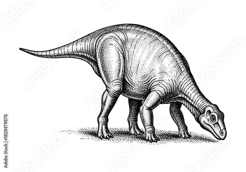 Detailed black and white dinosaur engraving with vintage style and texture