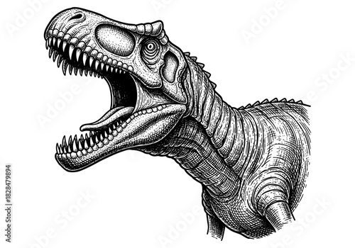 Detailed black and white engraving of a roaring dinosaur head
