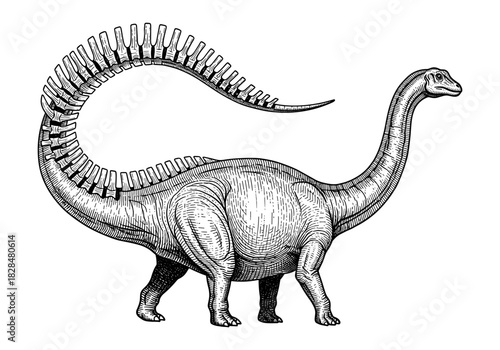 Detailed vintage dinosaur engraving of brachiosaurus with curved tail