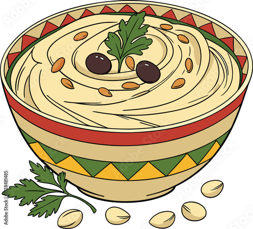 Bowl of hummus with olive, parsley, and pine nuts
