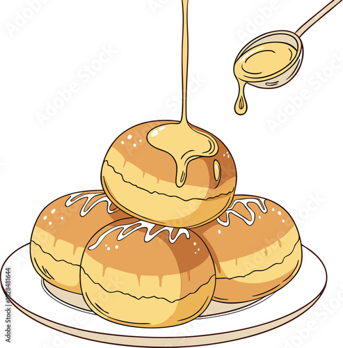 Honey being poured on a stack of loukoumades