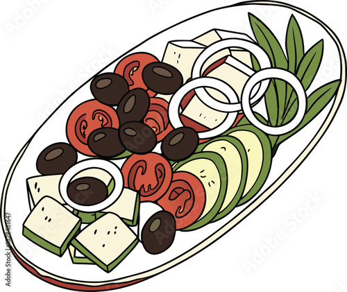 Overhead shot of a greek salad with tomatoes, olives, and feta cheese
