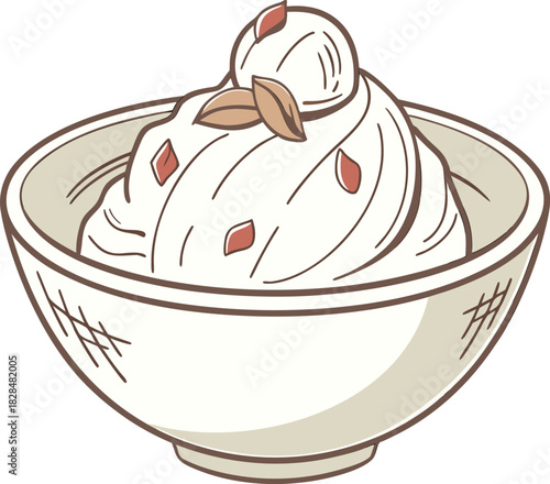 Bowl of creamy yogurt dessert with nuts and berries