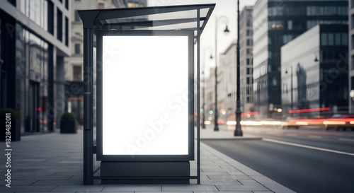 Blank white billboard mockup on a modern city street bus stop shelter with blurred traffic motion in the background for advertising design