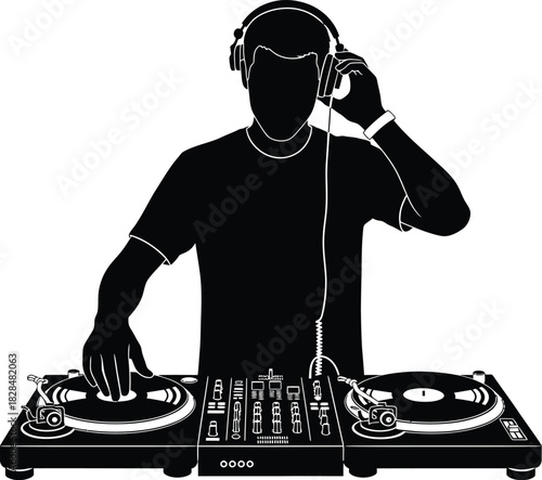 Dj silhouette vector illustration of music mixer and turntable design eps