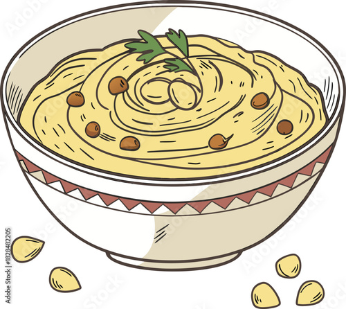 Bowl of hummus with chickpeas and parsley