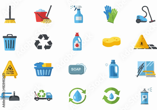 Collection of colorful cleaning and sanitation icons, depicting various tools and supplies.