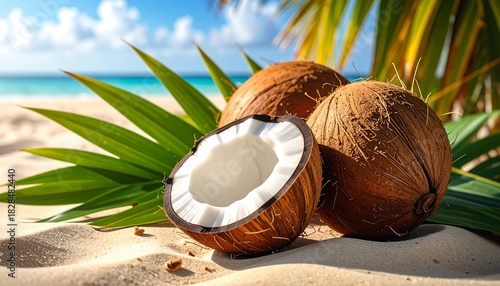 Fototapeta Naklejka Na Ścianę i Meble -  Coconuts sit on white sand beach with ocean and palm tree fronds blurred behind