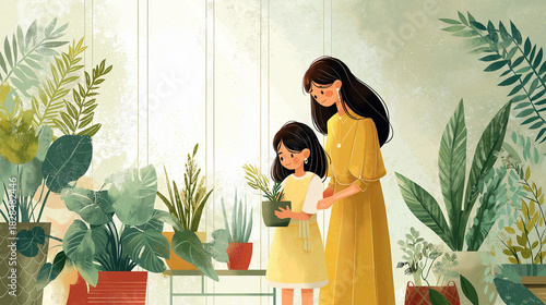 Fototapeta Naklejka Na Ścianę i Meble -  Bright indoor plant corner, mother in a tunic trimming leaves, daughter holding a small pot.
