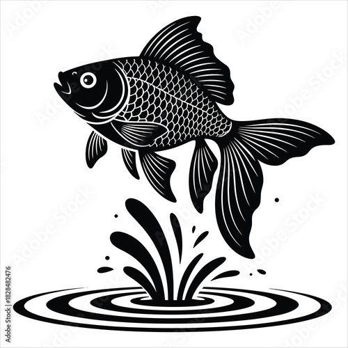 Stylized goldfish jumping from water with splashes and ripples art isolated on white background, Vector