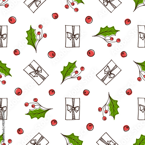 Hand-drawn seamless pattern with a Christmas gift, holly leaves, and berries. Seasonal holiday background for wrapping paper, fabric, and decor. Cute colorful Christmas pattern.
