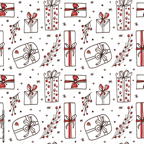 Christmas seamless pattern with hand-drawn various gift boxes and snowflakes. Winter holiday background for birthdays, Valentines Day, winter sales, and the new year.